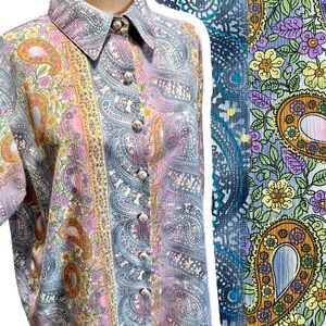 VINTAGE paisley‎ floral button down shirt blouse whimsical multicolor fairy 90s